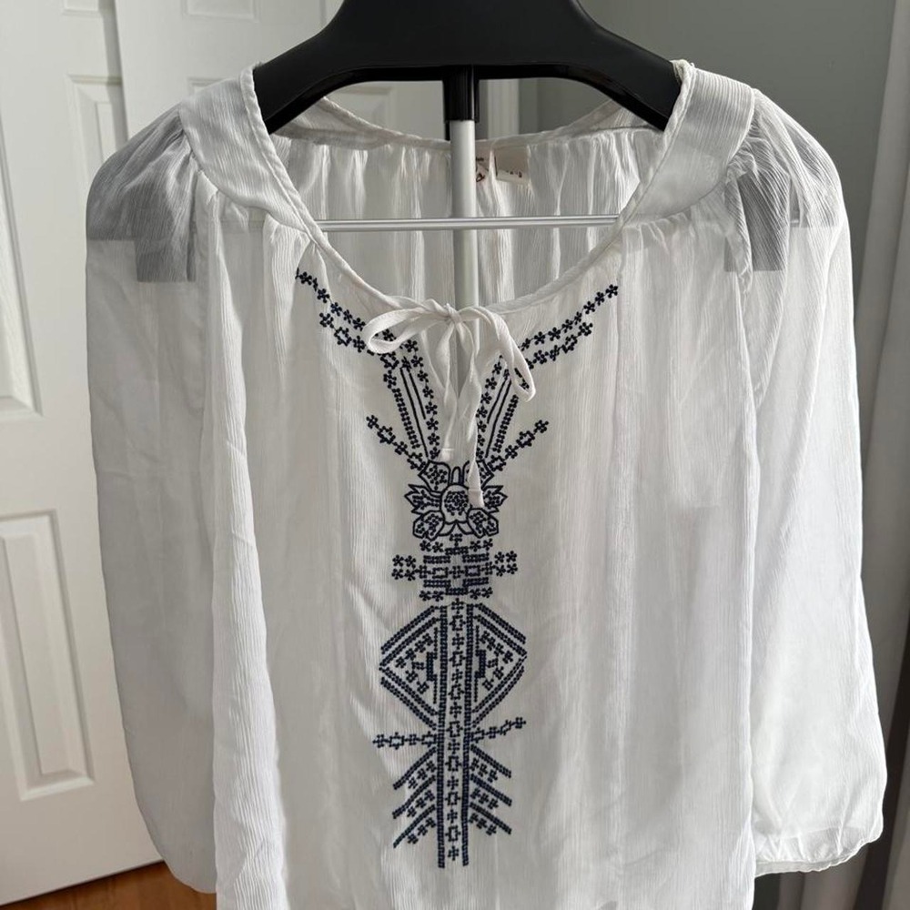 Mudd White Embroidered Peasant Blouse Size L Boho Cottagecore Prairie Top
